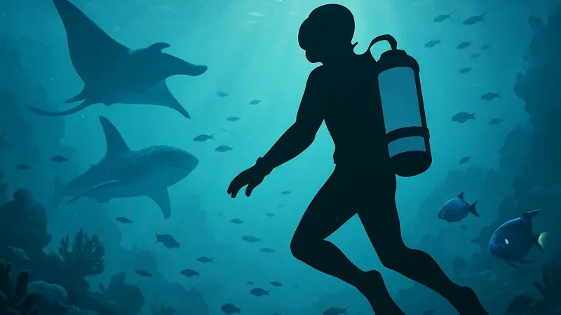 Игровой персонаж в Subnautica 2 с баком повышенной емкости, плавающий под водой среди морских обитателей.