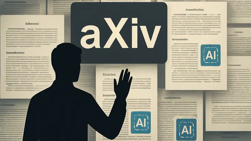 Логотип ArXiv на фоне научных статей, некоторые из которых имеют значки ИИ-генерации