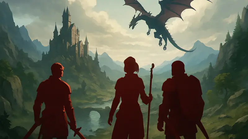 Обложка Dragon Age: Origins с главными героями и драконом на фоне фэнтезийного мира