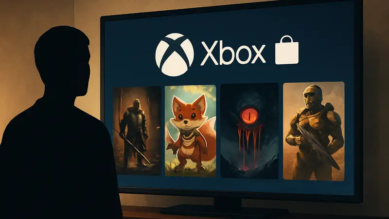 Логотип Xbox Store на экране с обложками новых игр