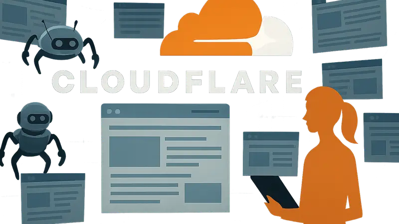 Логотип Cloudflare на фоне схематичного изображения сканирующих ботов и веб-сайтов, символизирующий новую политику.
