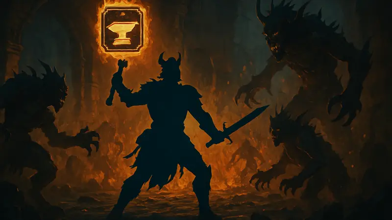Изображение аспекта 'Наковальня Глинна' в инвентаре Diablo 4 или скриншот битвы персонажа с монстрами.
