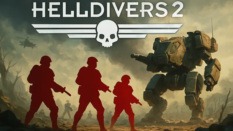Логотип Helldivers 2 на фоне скриншота с солдатами и новой техникой, анонсирующей обновление.