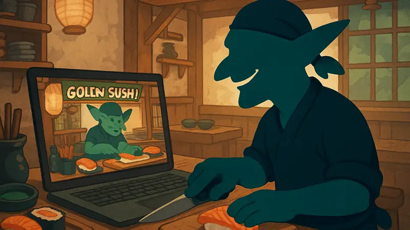 Скриншот из игры Goblin Sushi, где гоблин готовит суши в своём суши-баре на ПК