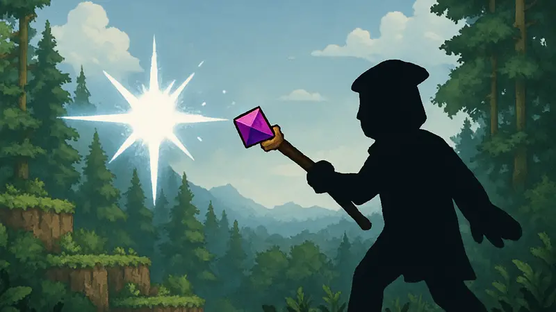 Магический посох из самоцветов в Terraria, показывающий новый эффект атаки.