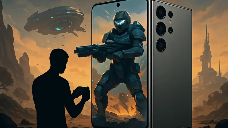 Смартфон Samsung Galaxy S26 Ultra с футуристичным дизайном, демонстрирующий игровую графику