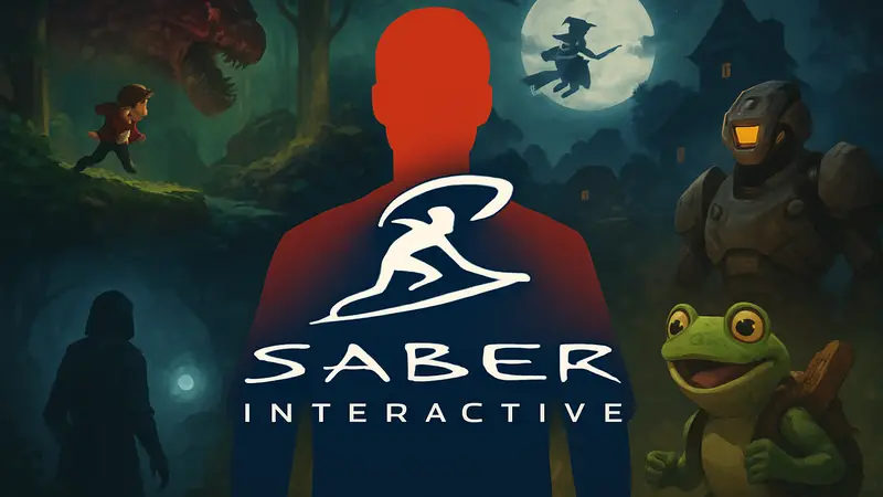 Логотип Saber Interactive на фоне разнообразных инди-игр, символизирующий поддержку студий.