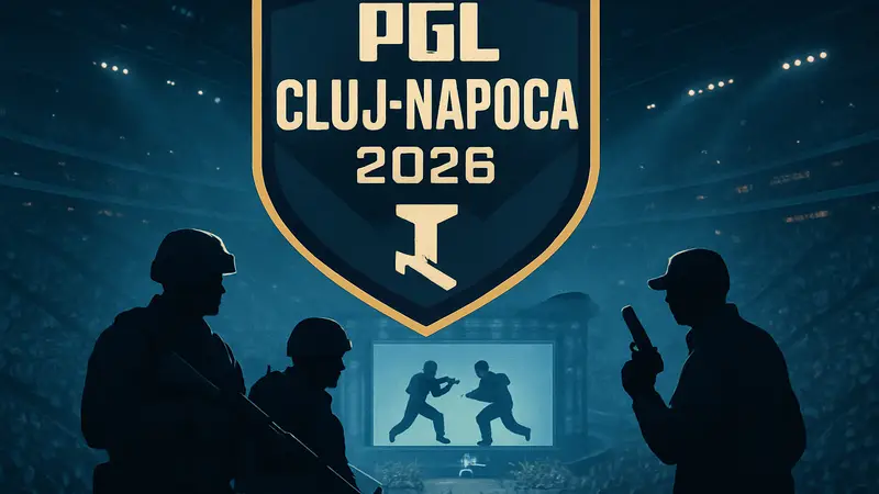 Логотип турнира PGL Cluj-Napoca 2026 по Counter-Strike 2, изображение игроков CS2 на фоне сцены