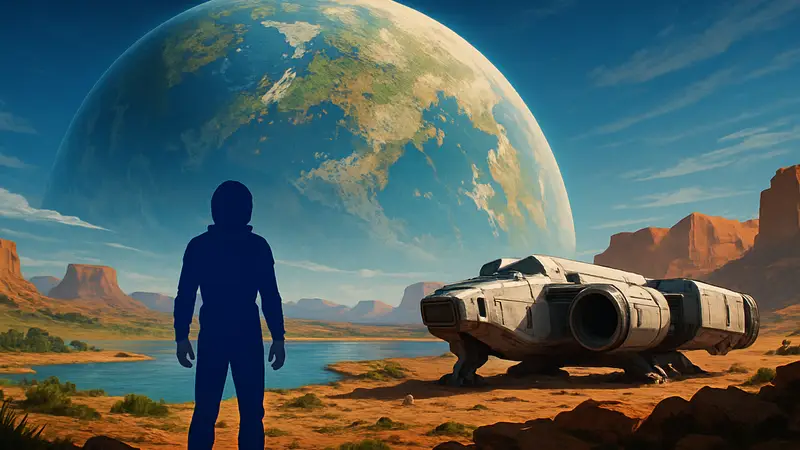 Игровой скриншот The Planet Crafter с видом на терраформируемую планету и космический корабль.