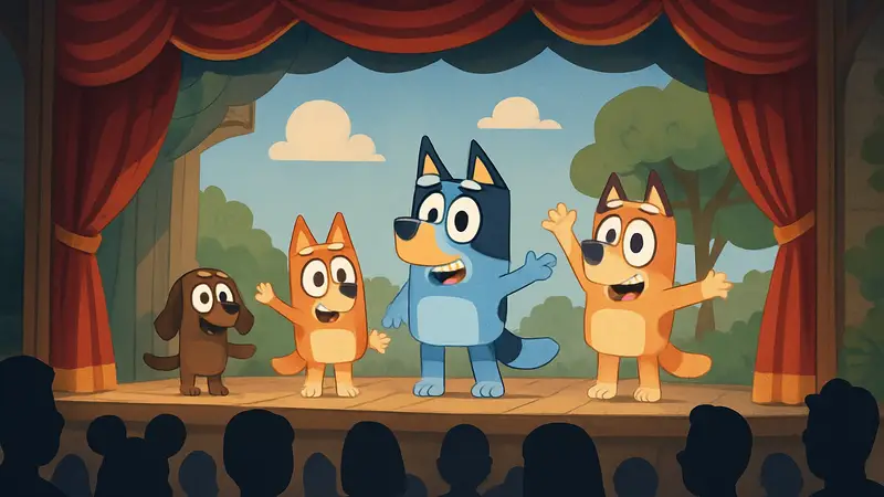 Bluey и её друзья выступают на сцене в Диснейленде во время живого развлекательного шоу.