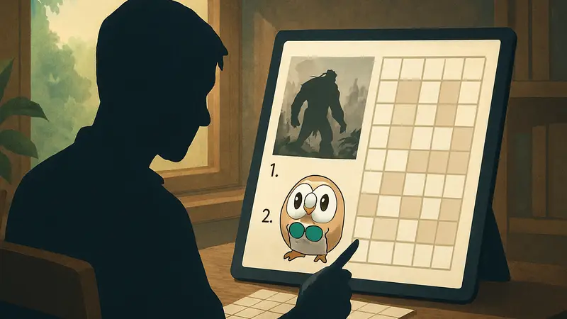 Игровой кроссворд на бумаге или экране, с вопросами про мир орков и покемонов