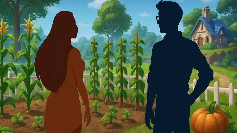 Покахонтас и главный герой в Disney Dreamlight Valley рядом с растущим садом кукурузы, фасоли и тыквы.