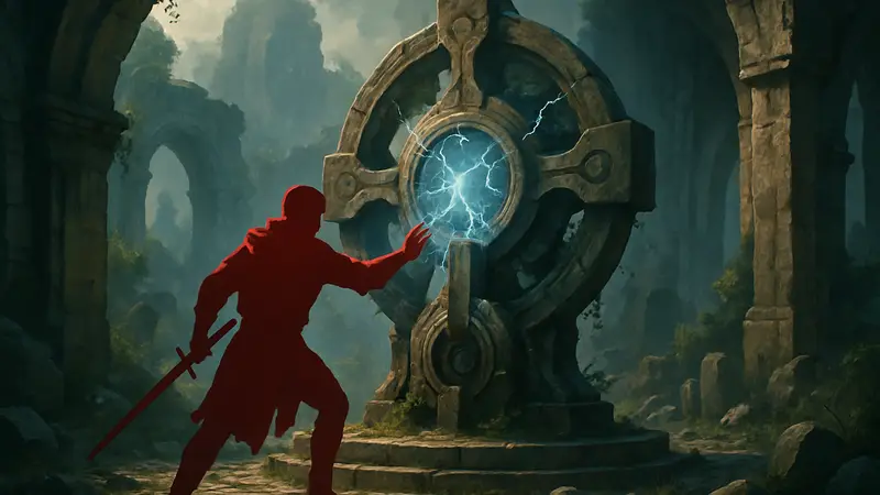 Герой игры Crimson Desert взаимодействует с древним грозовым механизмом в мистической локации.