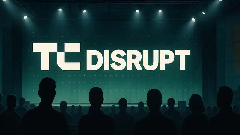 Логотип TechCrunch Disrupt на фоне сцены конференции