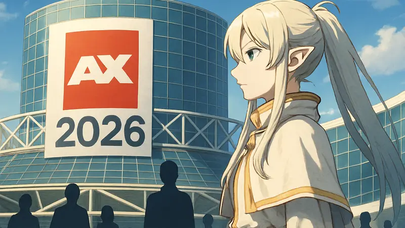 Изображение Фрирен из аниме Frieren: Beyond Journey’s End, на фоне лого Anime Expo 2026.