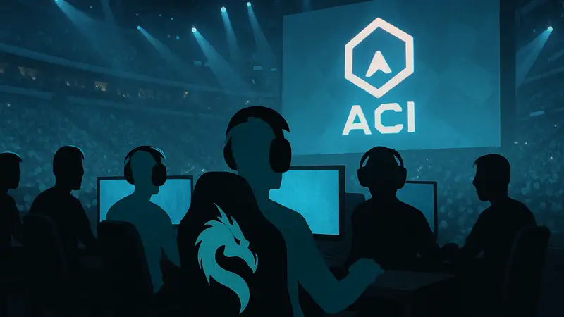 Команда Spirit на киберспортивном турнире, логотип ACI.