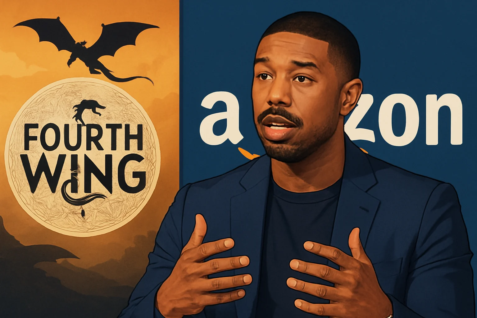 Майкл Б. Джордан на фоне логотипа Amazon, обсуждающий сериал Fourth Wing.