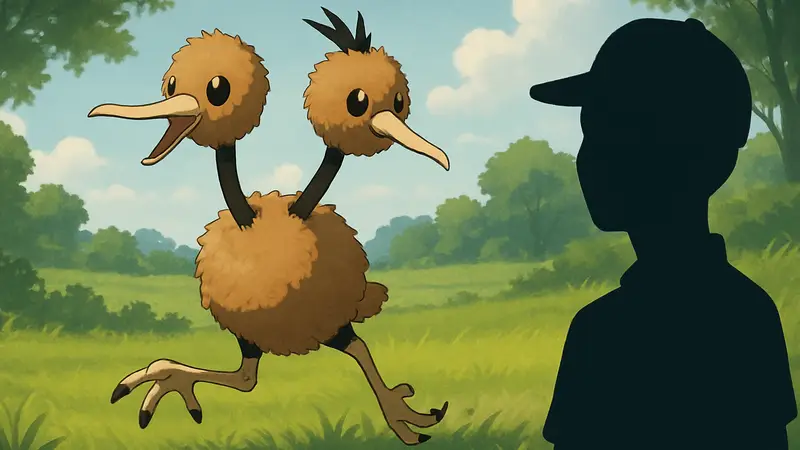 Изображение покемона Doduo с двумя головами, бегущего по траве. Гайд Pokémon.