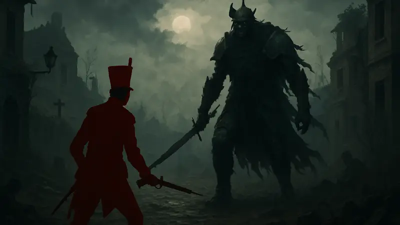 Скриншот из игры Valor Mortis, изображающий мрачный мир Наполеоновских войн и нового босса.