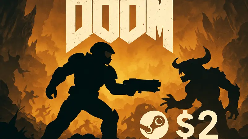 Изображение обложки игры Doom (2016), с логотипом Steam и ценой $2, демонстрирующее главного героя в битве.