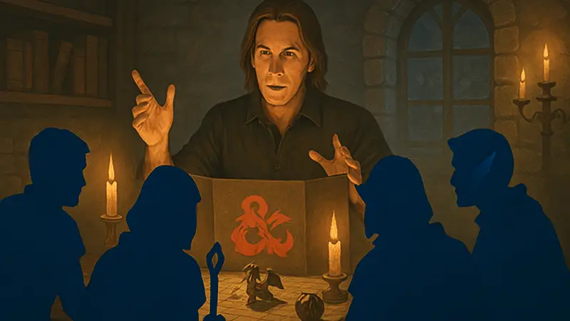 Иллюстрация к настольной ролевой игре D&D, где Мастер Подземелий ведет партию героев