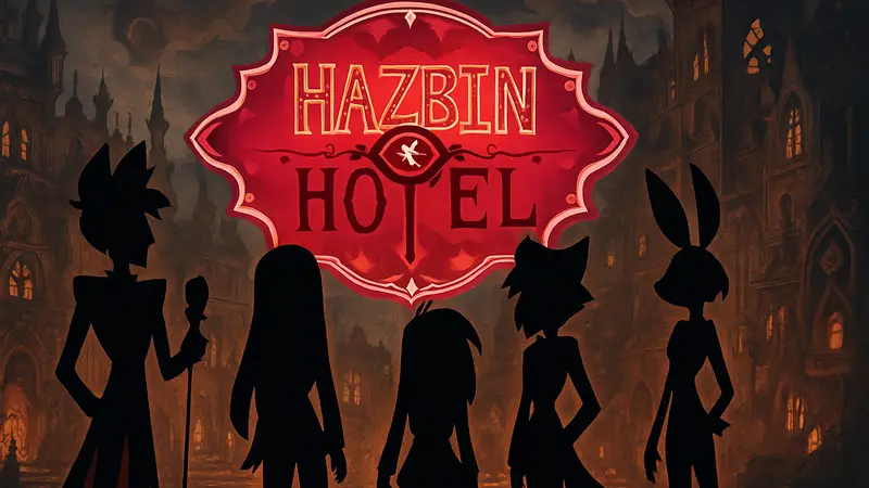 Логотип или постер Hazbin Hotel с персонажами, анонсирующий продление сериала.