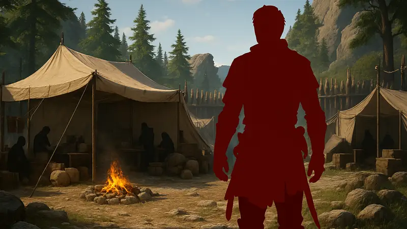 Персонаж Crimson Desert на фоне лагеря для пожертвований
