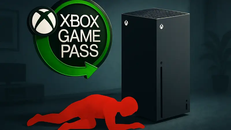 Логотип Xbox Game Pass на фоне консоли Xbox Series X, с надписью 'Новая Xbox мертва', символизирующий аналитику Майкла Пактера.