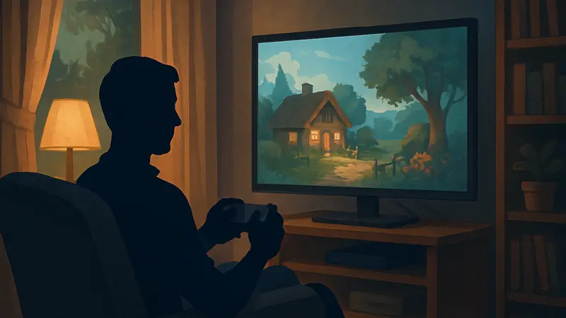 Иллюстрация игрока, расслабленно играющего в уютную инди-игру на консоли или ПК в мягком свете.