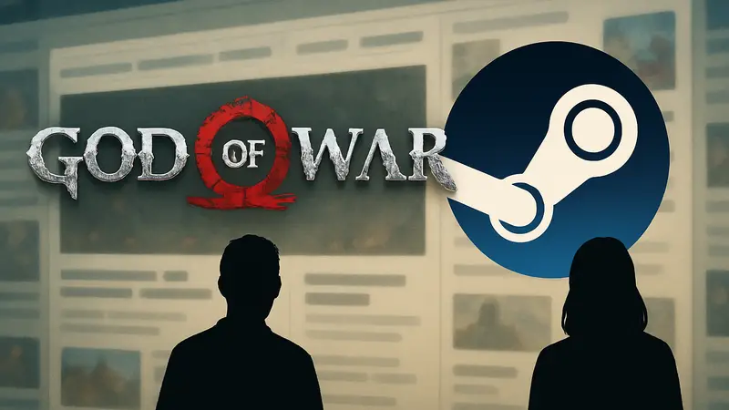 Коллаж из логотипов God of War и Steam на фоне новостной ленты с заголовками.