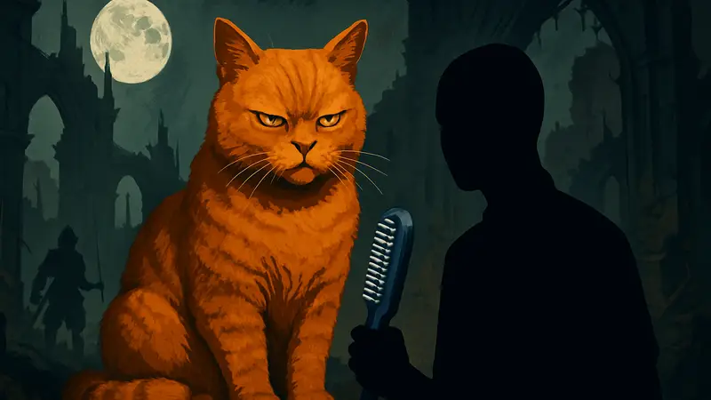 Рыжий кот Чжэму из игры "Brush Jjaemu", расчёска, элементы "Dark Souls"