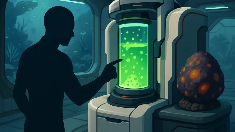 Игрок крафтит крепкую кислоту в Subnautica 2 из цист Necrolei