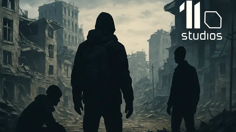 Изображение из игры This War of Mine с силуэтами выживших на фоне разрушенного города, логотип 11 Bit Studios.