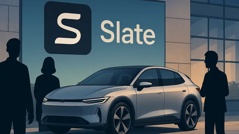 Электромобиль Slate Auto и логотип компании, анонс цен и предзаказов