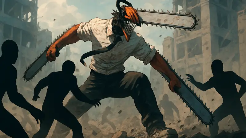 Дендзи в форме Человека-бензопилы из аниме Chainsaw Man, сражающийся с противниками.
