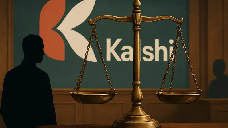Иллюстрация: судебные весы на фоне логотипа Kalshi, символизирующие юридические проблемы платформы.