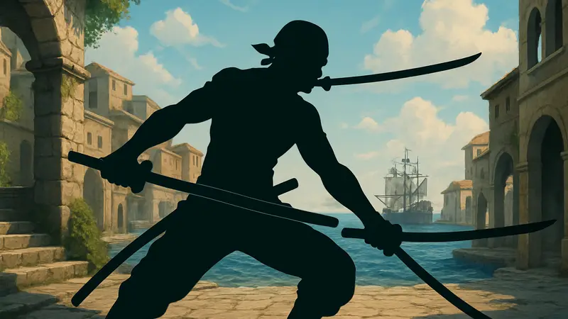 Ророноа Зоро из аниме One Piece с тремя катанами в боевой стойке