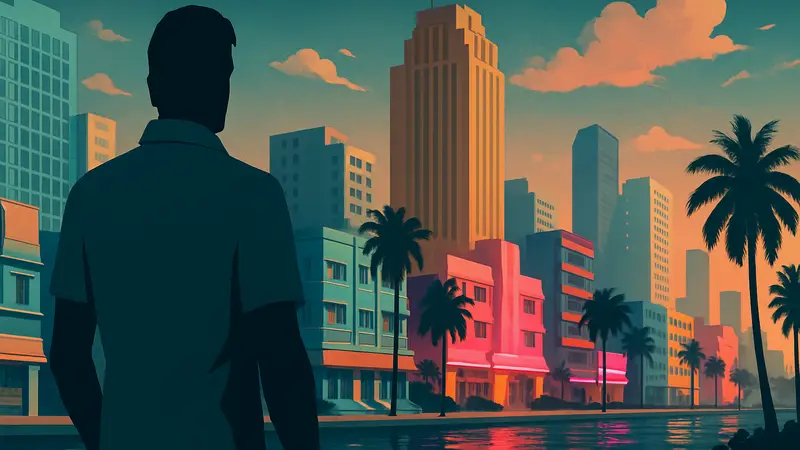 Логотип Grand Theft Auto Vice City на фоне города. Символика GTA Vice City.