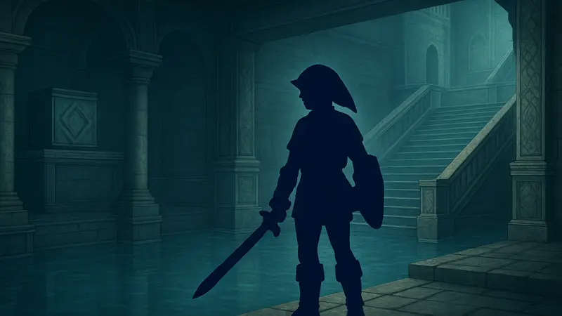 Игровой скриншот Храма Воды из The Legend of Zelda: Ocarina of Time с Линком.