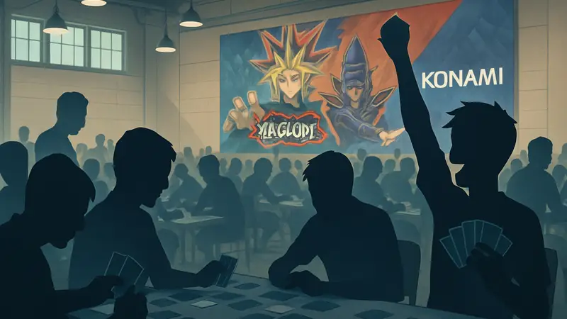Игроки Yu-Gi-Oh! TCG на турнире KONAMI, демонстрирующие популярность карточной игры.