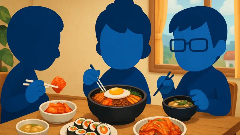 Персонажи Tomodachi Life едят разнообразные корейские блюда, такие как кимчи и пибимпаб