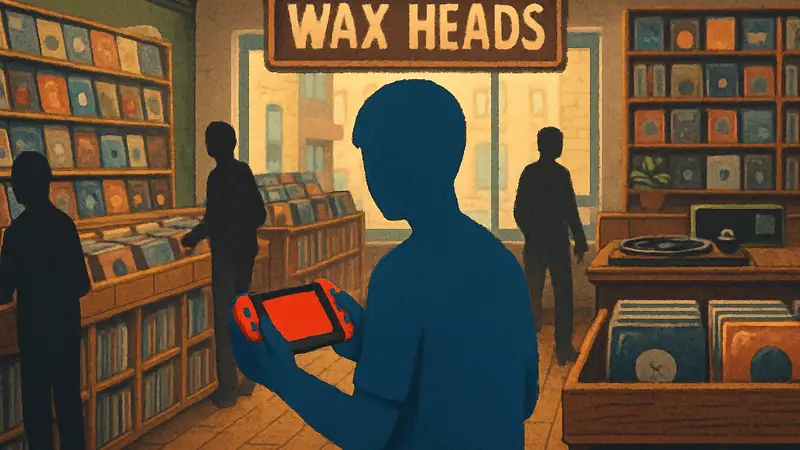 Скриншот из игры Wax Heads, симулятора музыкального магазина на Nintendo Switch.