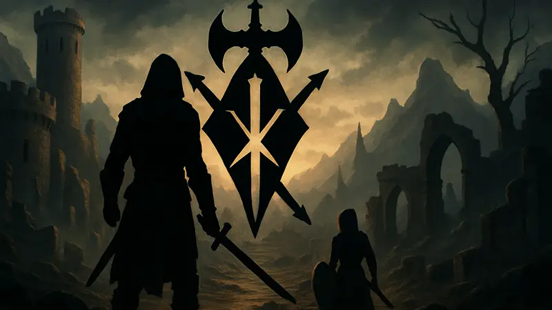 Логотип Elder Scrolls Blades на фоне темного фэнтезийного мира