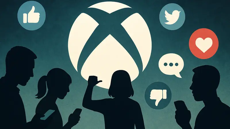 Логотип XBOX в новом стиле, вокруг которого видны иконки социальных сетей, символизирующие реакцию интернета.