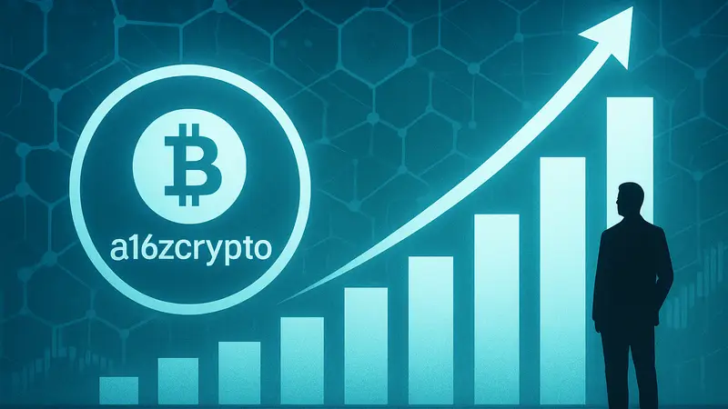Логотип a16zcrypto и график роста инвестиций в криптовалюты на фоне блокчейна.