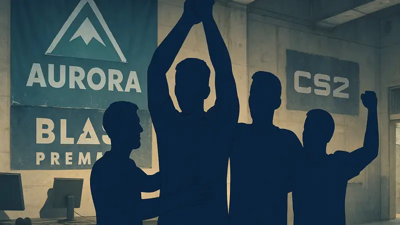 Игроки Aurora после победы над FURIA, обеспечившие слот в плей-офф BLAST Rotterdam по CS2.