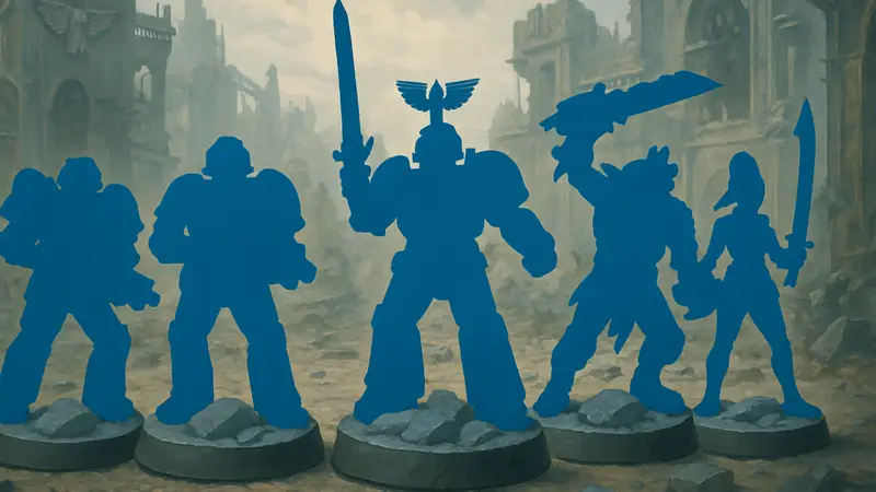 Миниатюры Warhammer, стоящие на базах с одинаковыми серыми «тактическими камнями», демонстрирующие визуальное однообразие.