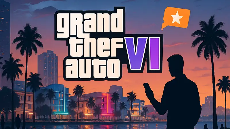 Логотип GTA VI на фоне Вайс-Сити, с намёком на новый трейлер от Rockstar Games