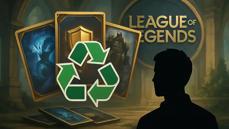 Логотип League of Legends TCG с изображением карточек и символом переработки системы покупки.