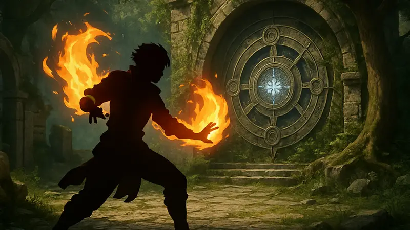 Персонаж в Crimson Desert использует умение Flame Elemental Imbuement, на фоне головоломка Древа Сна.